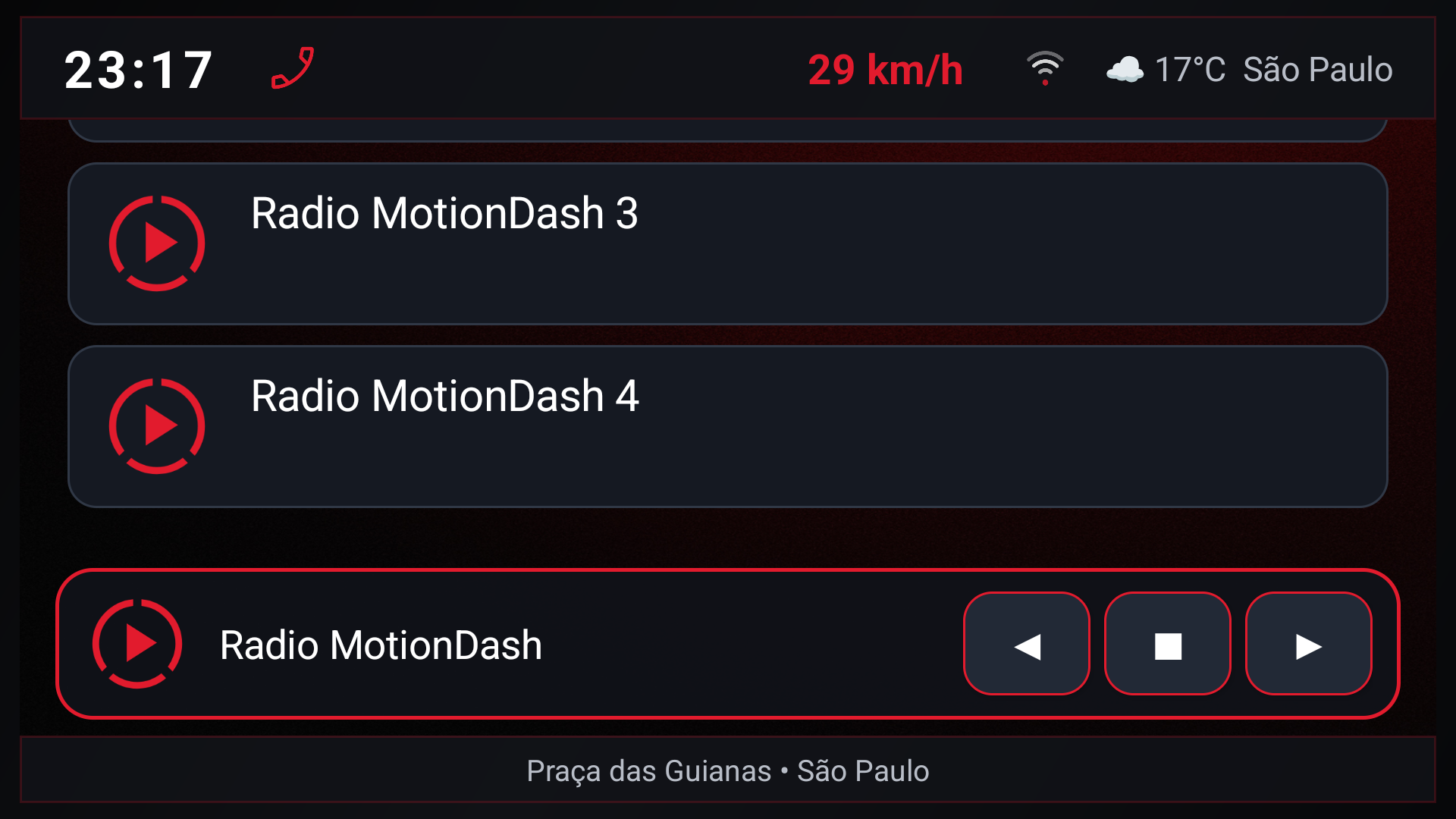 Tela Rádio do MotionDash